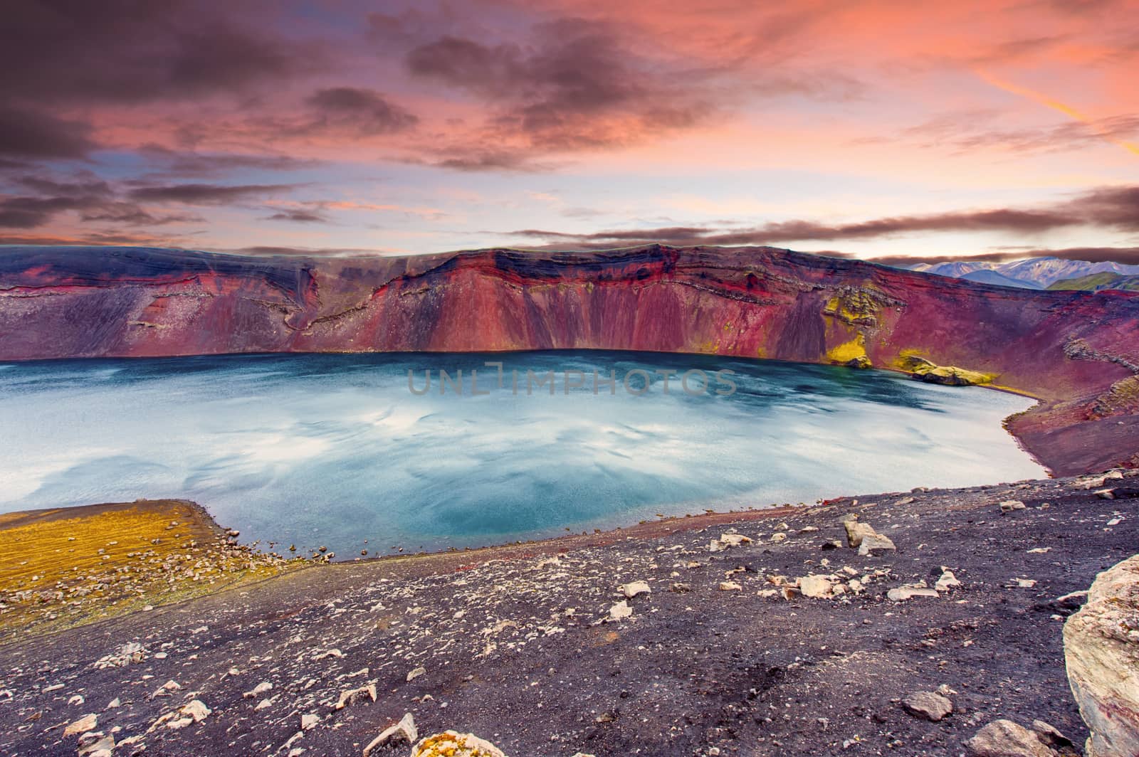 Sunset over Ljotipollur lake in the crater of volcano in Landmannalaugar, Highlands of Iceland
