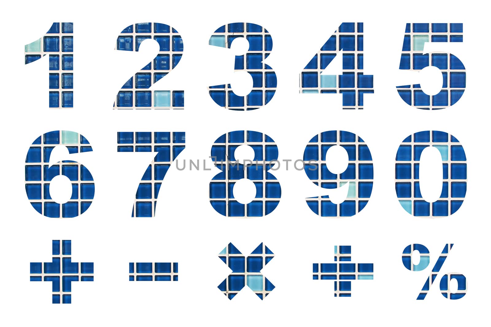 one to zero numbers and basic mathematical symbols made from mosaic tiles picture