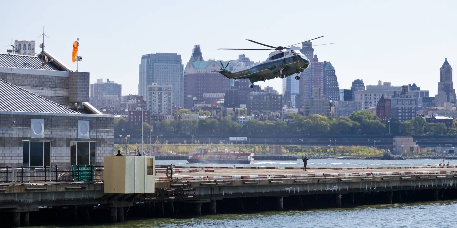 New York City, USA-October 5, 2014: Sikorsky VH-3D. Marine Helicopter Squadron One (HMX-1), is a squadron responsible for the transportation of the President of the United States, Vice President, Cabinet members and other VIPs. Taken in Manhattan Heliport