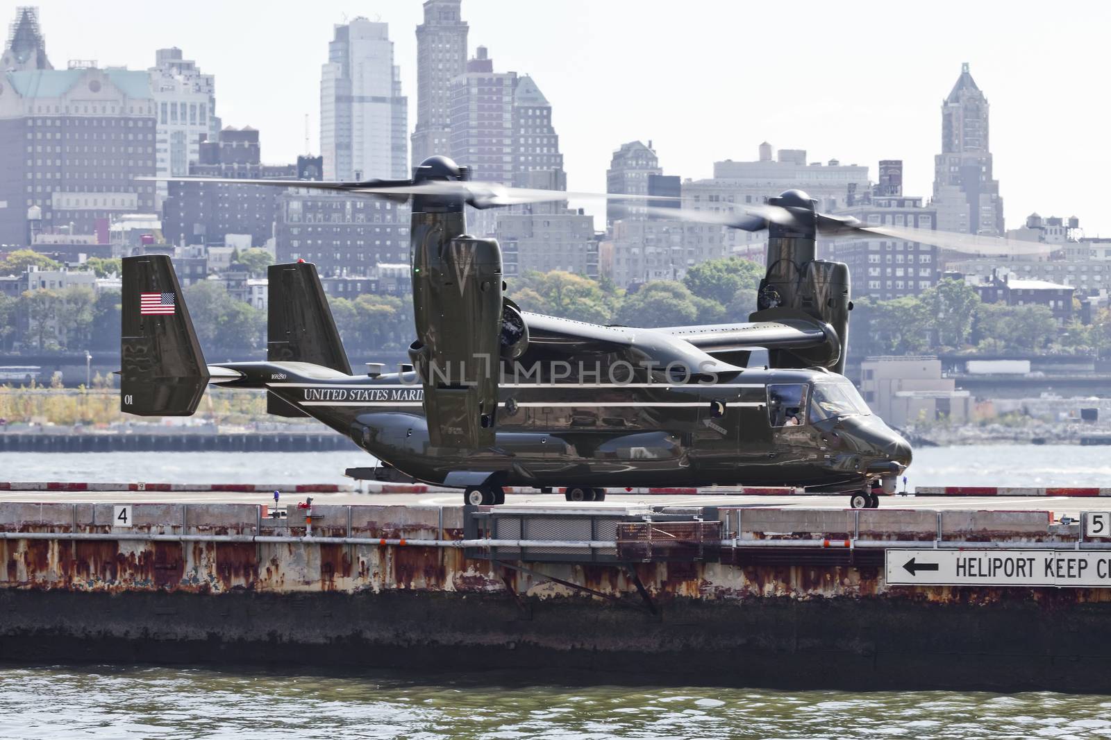 New York City, USA-October 5, 2014: MV-22 Osprey. Marine Helicopter Squadron One (HMX-1), is a squadron responsible for the transportation of the President of the United States, Vice President, Cabinet members and other VIPs. Taken at Manhattan Heliport.