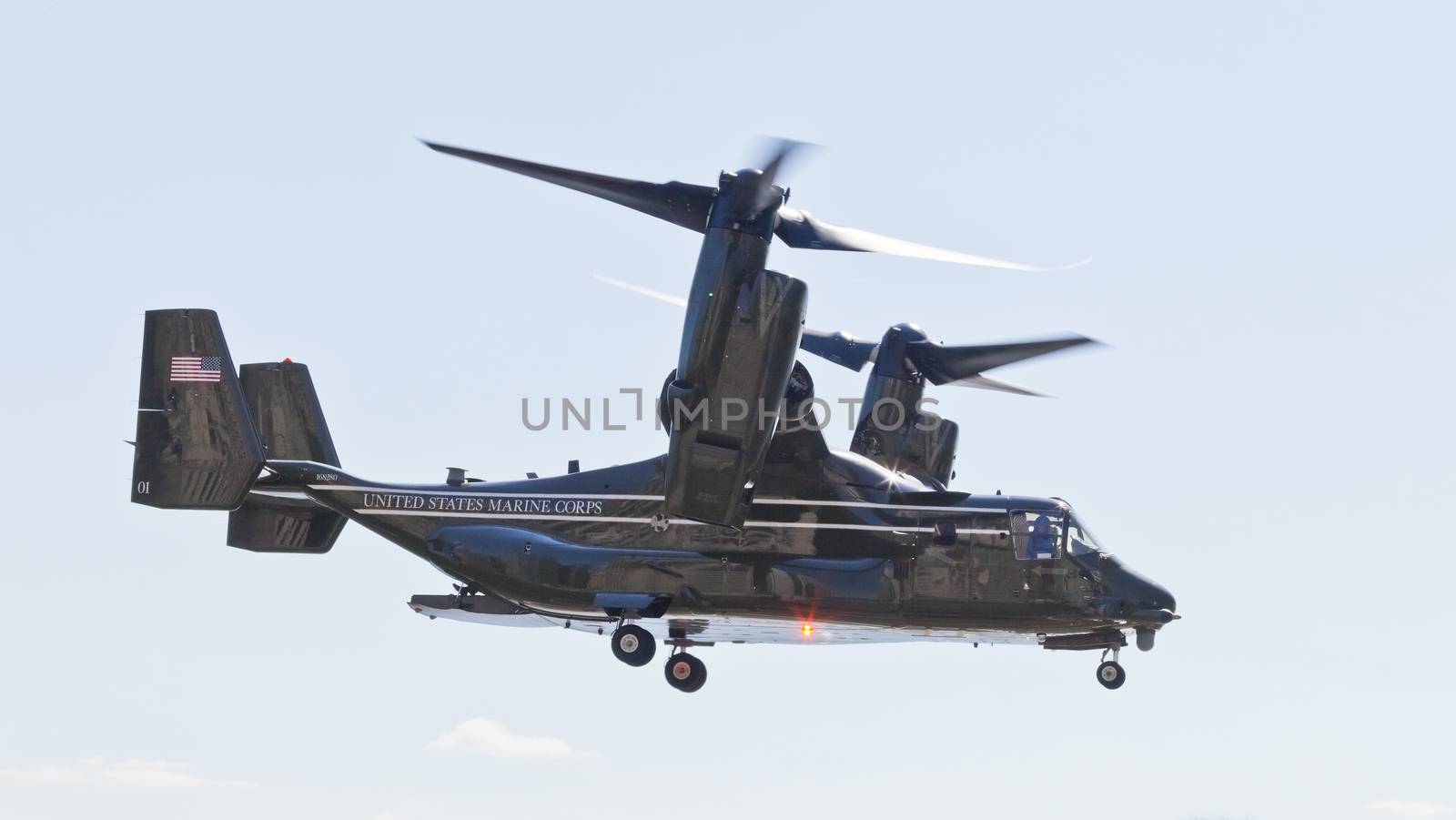 New York City, USA-October 5, 2014: MV-22 Osprey. Marine Helicopter Squadron One (HMX-1), is a squadron responsible for the transportation of the President of the United States, Vice President, Cabinet members and other VIPs. Taken in New York Manhattan