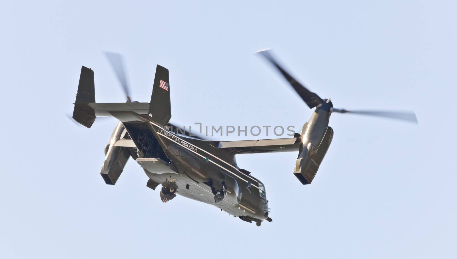New York City, USA-October 5, 2014: MV-22 Osprey. Marine Helicopter Squadron One (HMX-1), is a squadron responsible for the transportation of the President of the United States, Vice President, Cabinet members and other VIPs. Taken in New York Downtown