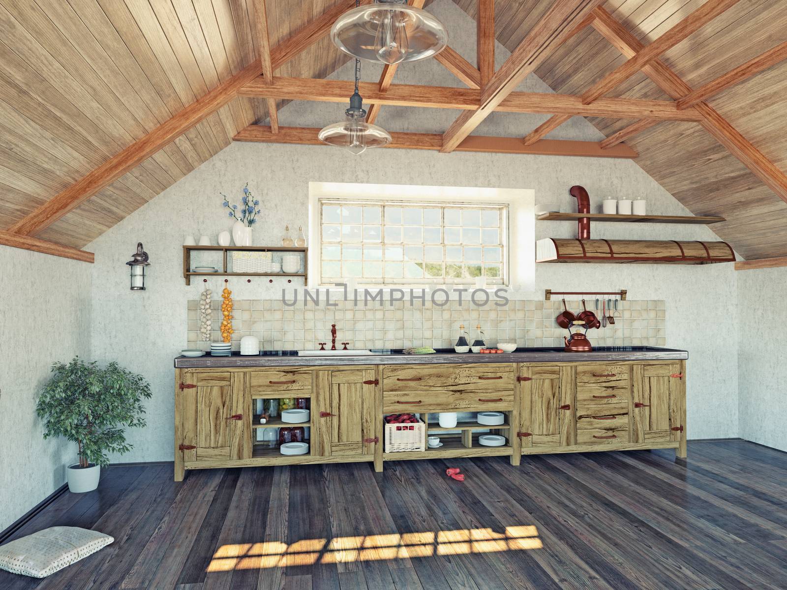 modern kitchen interior with  island in the attic (3d design concept) 