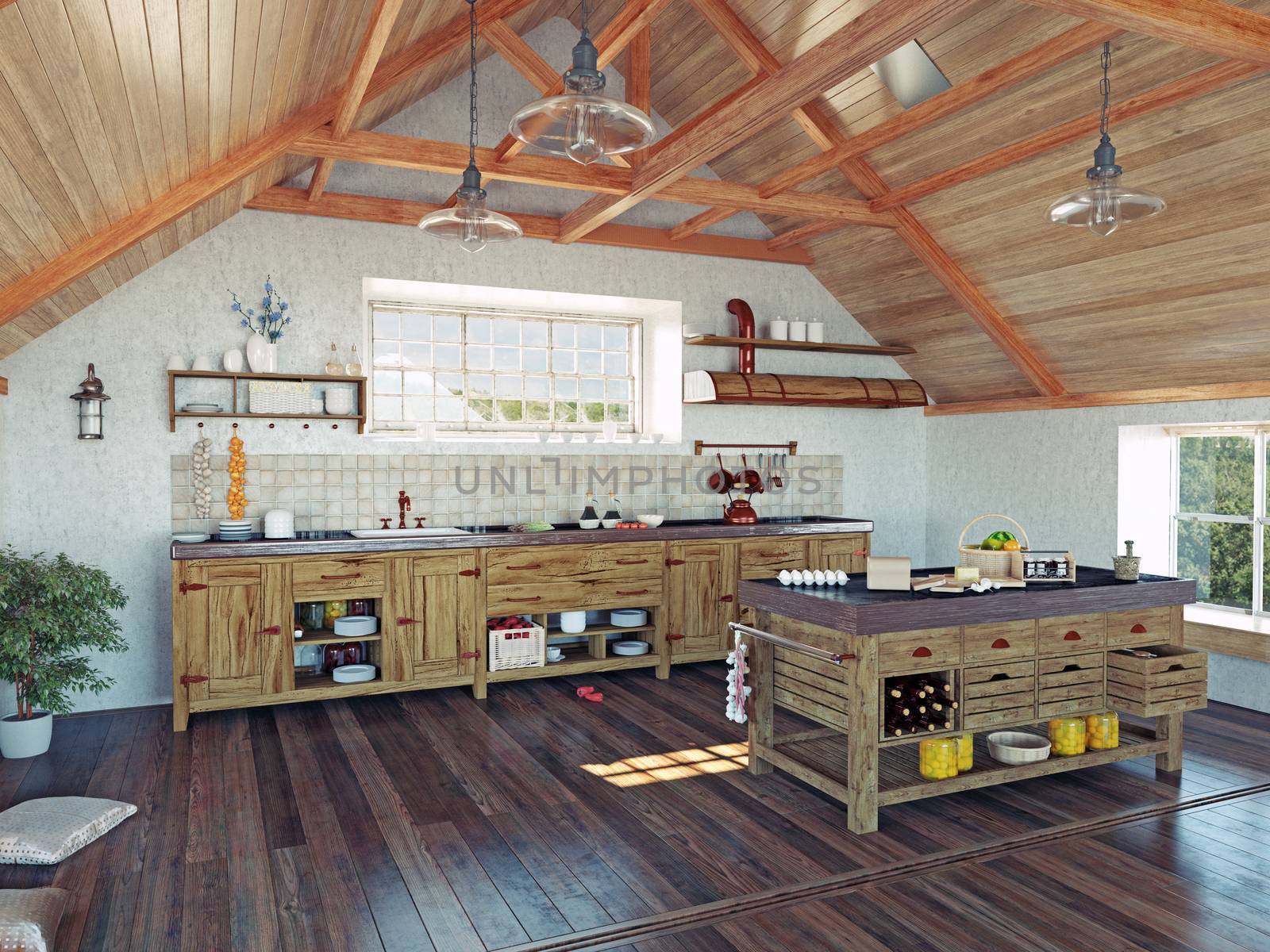 modern kitchen interior with  island in the attic (3d design concept) 