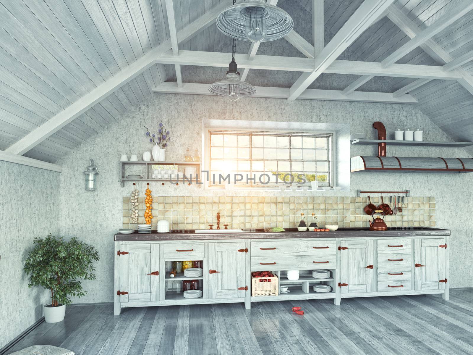 modern kitchen interior with  island in the attic (3d design concept) 