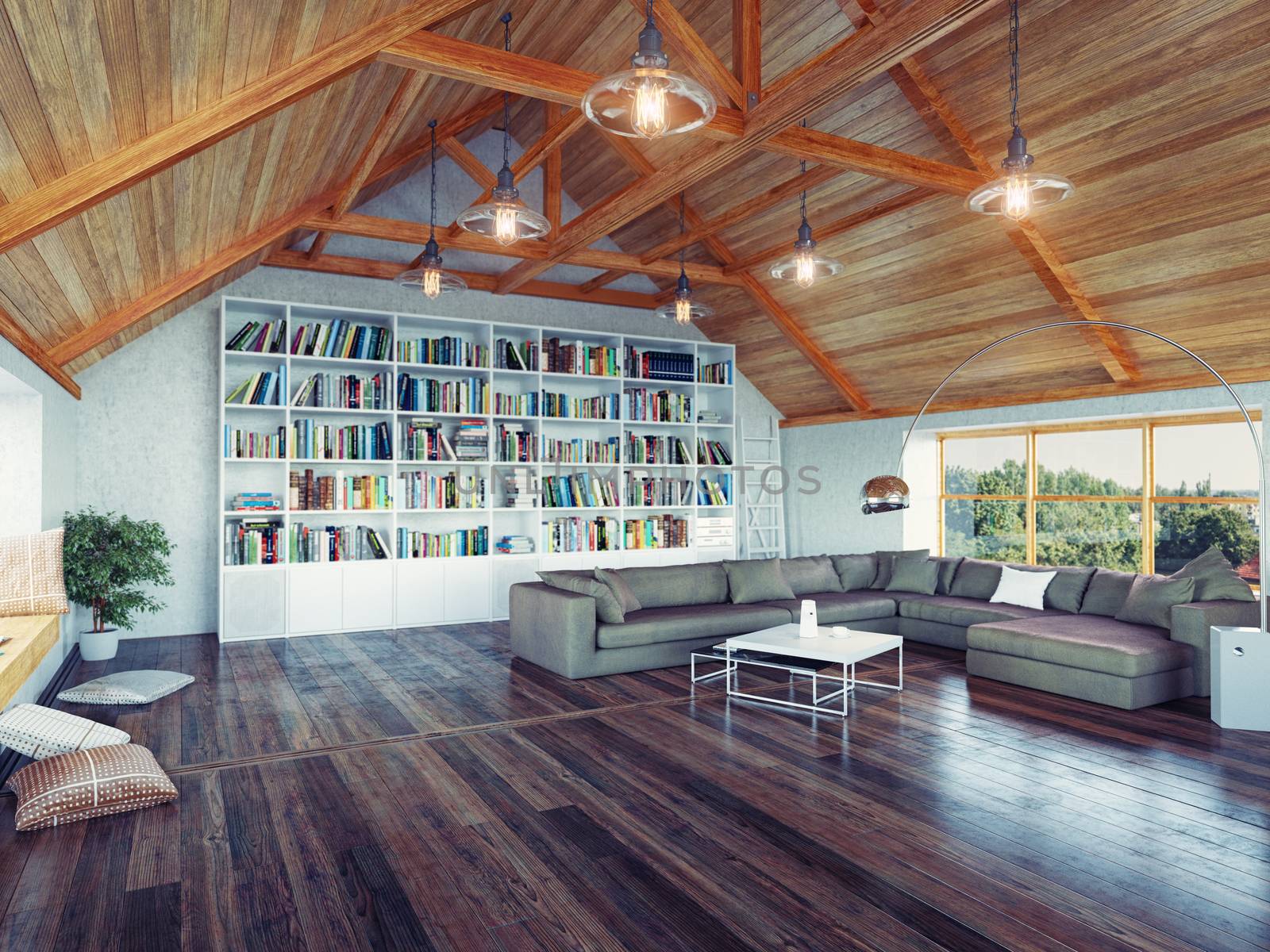 beautiful modern attic interior 3d design concept. Realistic DOF effect