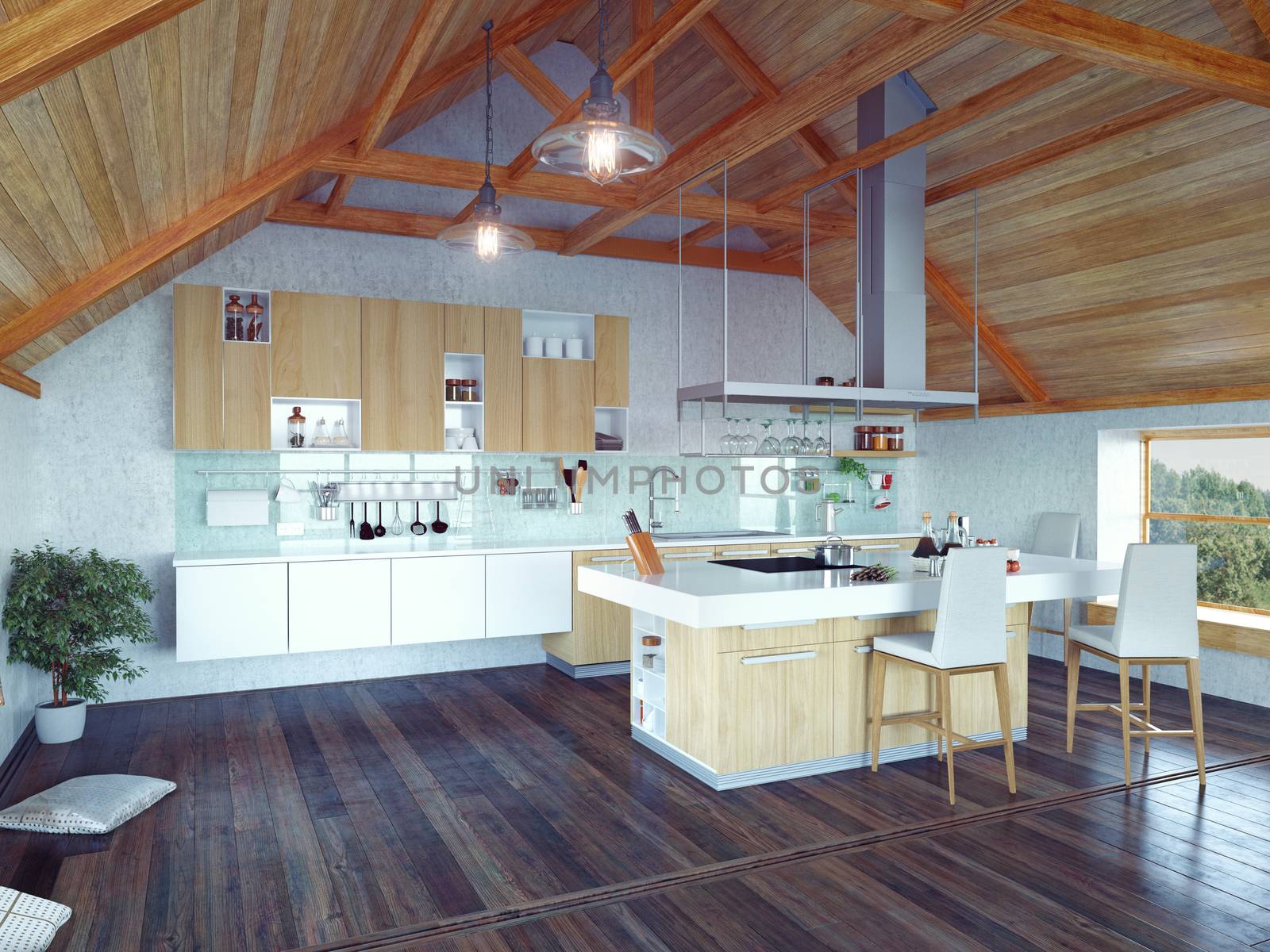 modern kitchen interior with  island in the attic (3d design concept) 