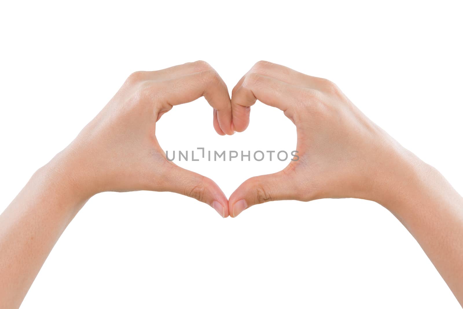 Female hands making a heart shape isolated on white background by papound