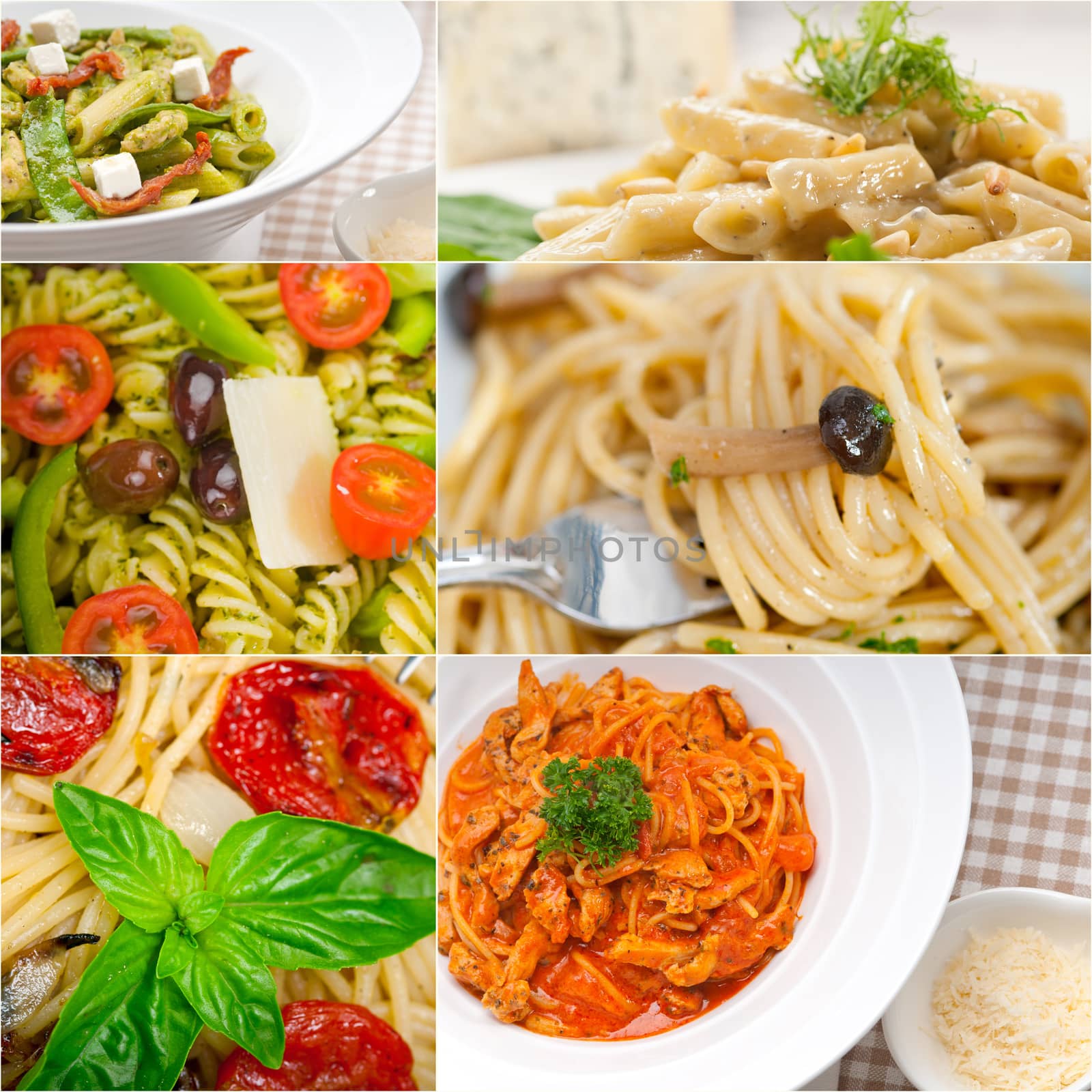 collection of different type of Italian pasta on collage white frame