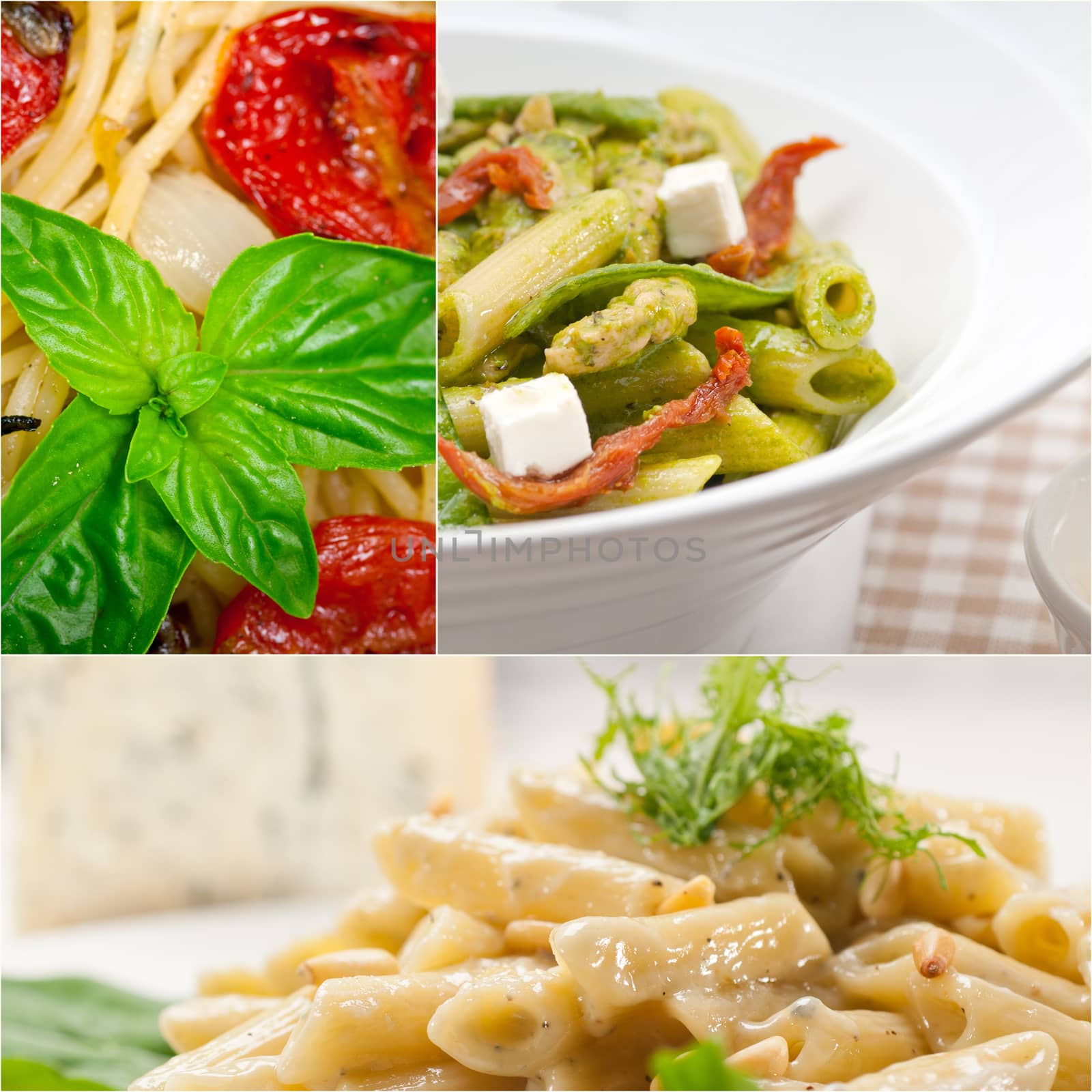 collection of different type of Italian pasta on collage white frame