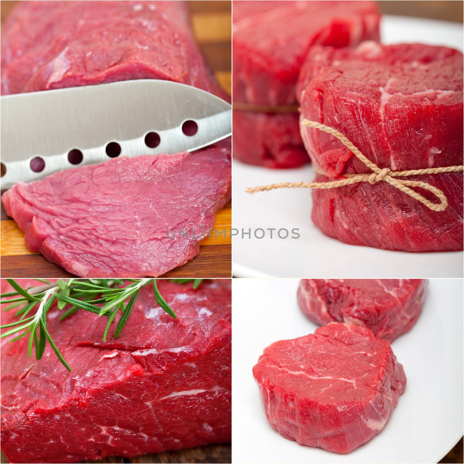 collection of different raw beef cuts collage white frame