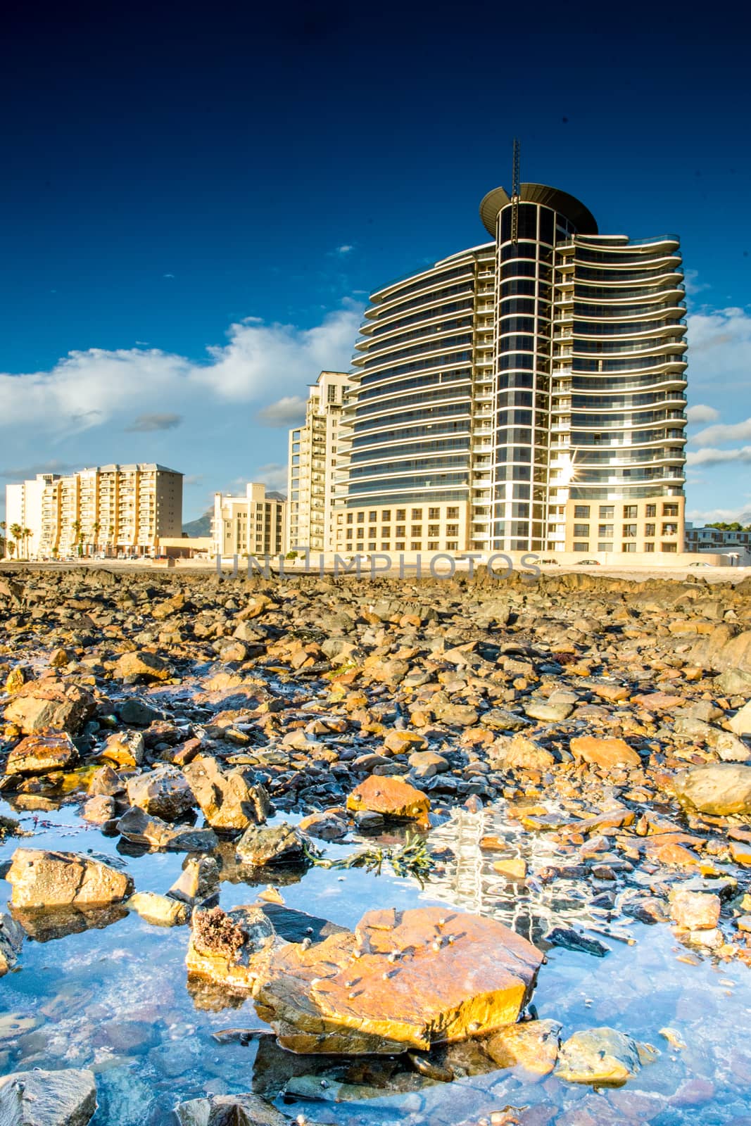 A View of Somerset West from the rocks during low tide.