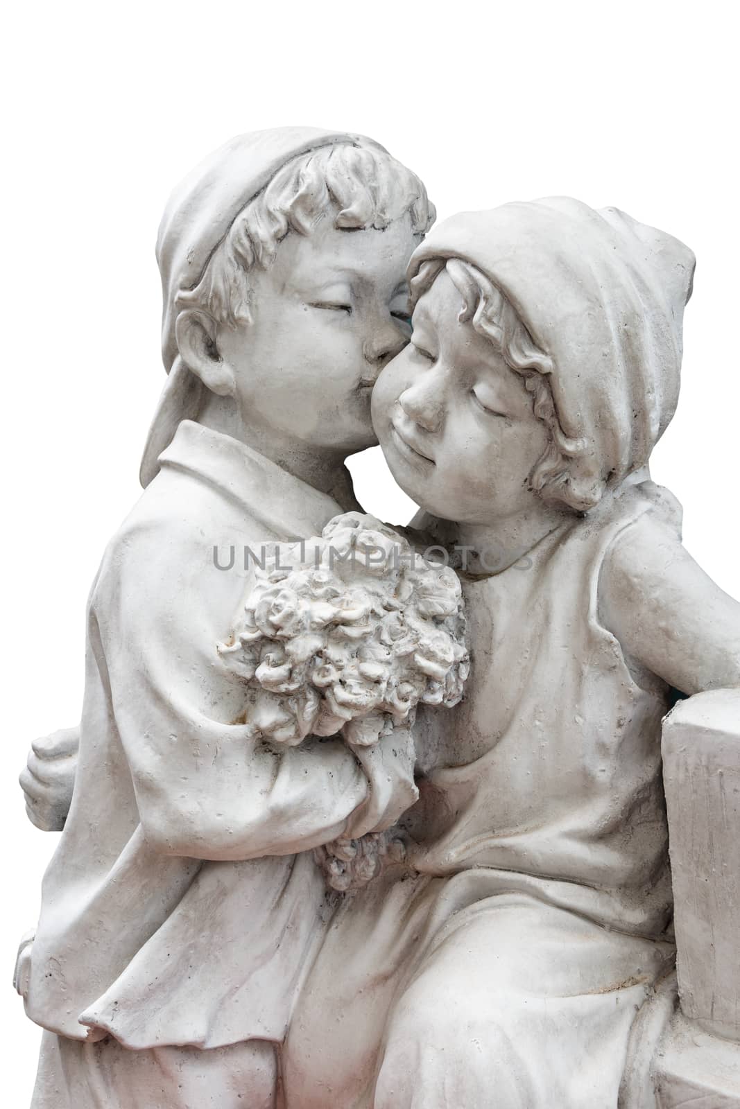 statue of boy hold flower and kiss the girl ( puppy love ) by stockdevil