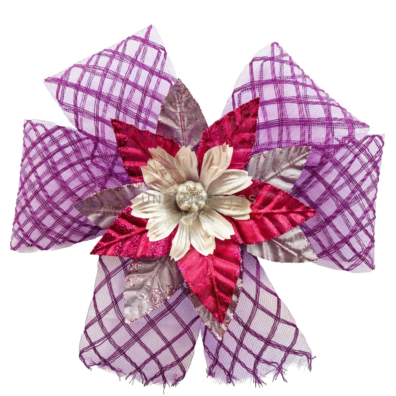 a violet color bow with artificial flower