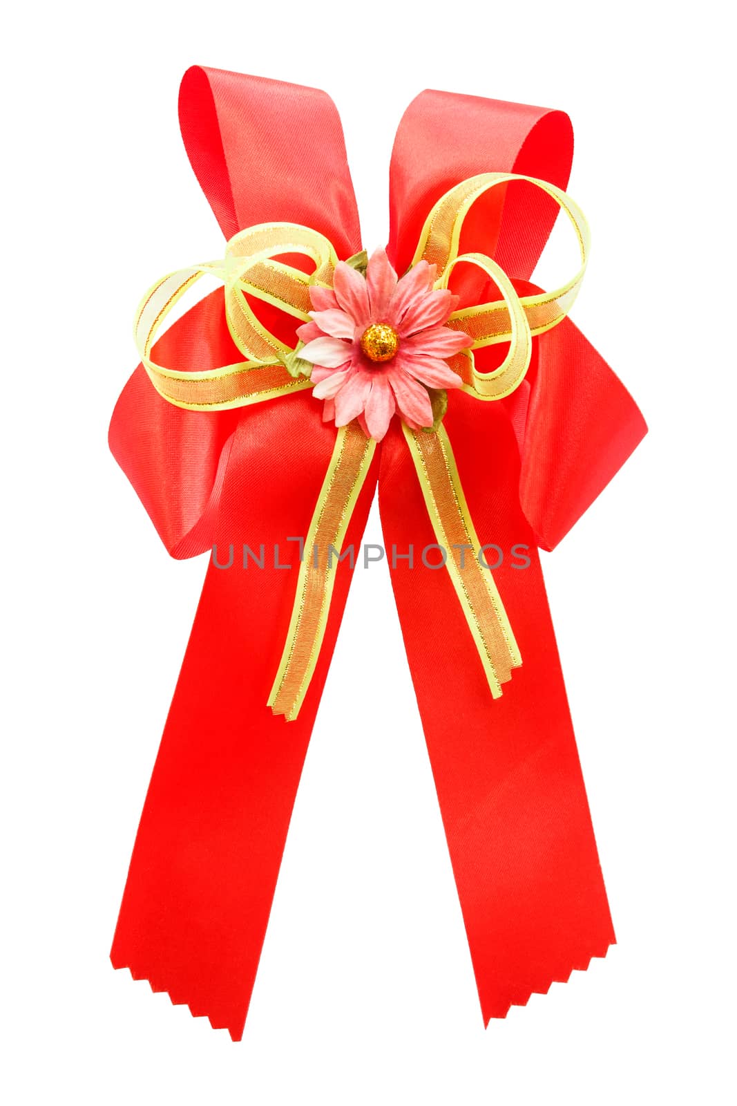 red color bow and artificial flower on white background (isolated)