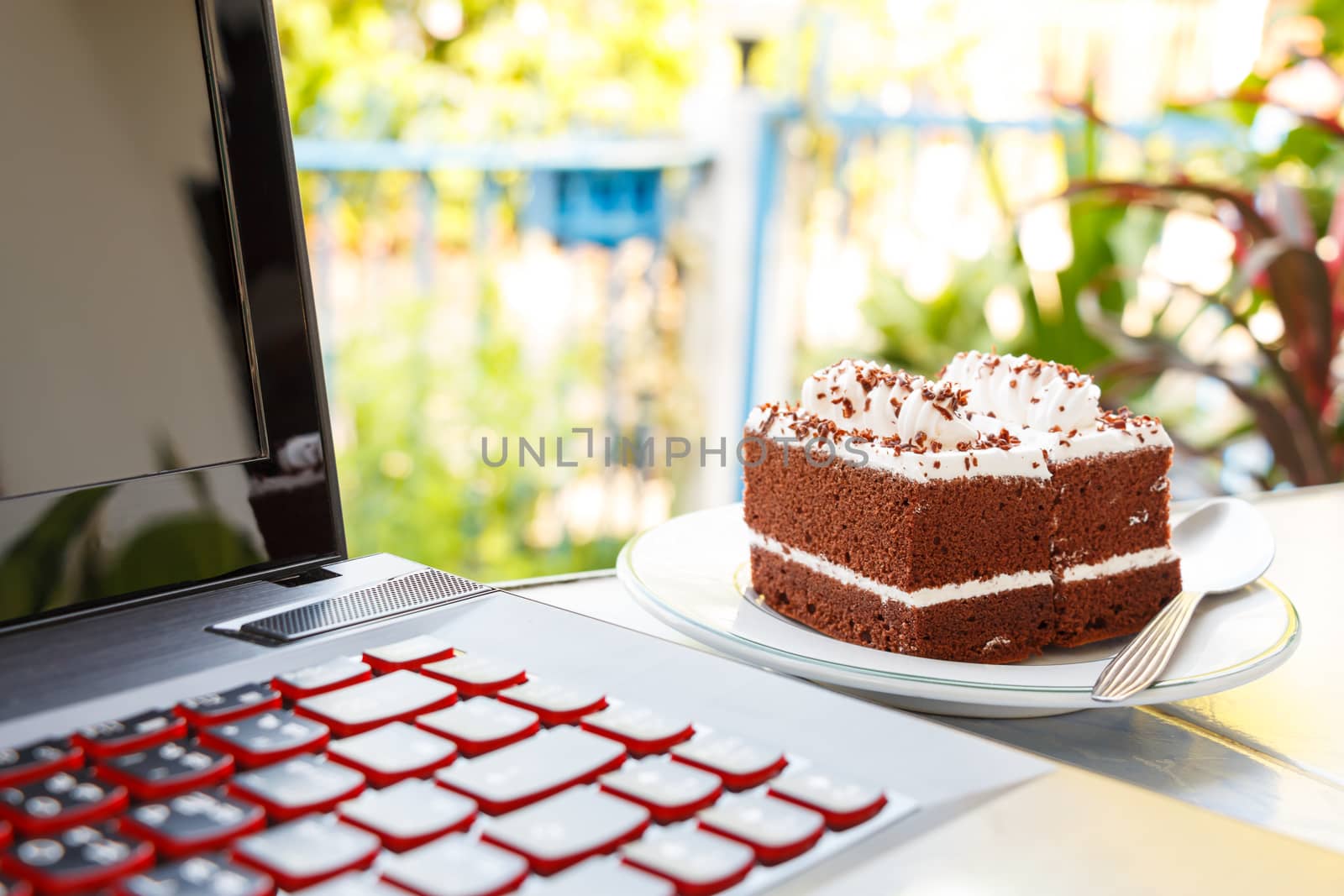 chocolate cakes with white cream on top and notebook computer in house