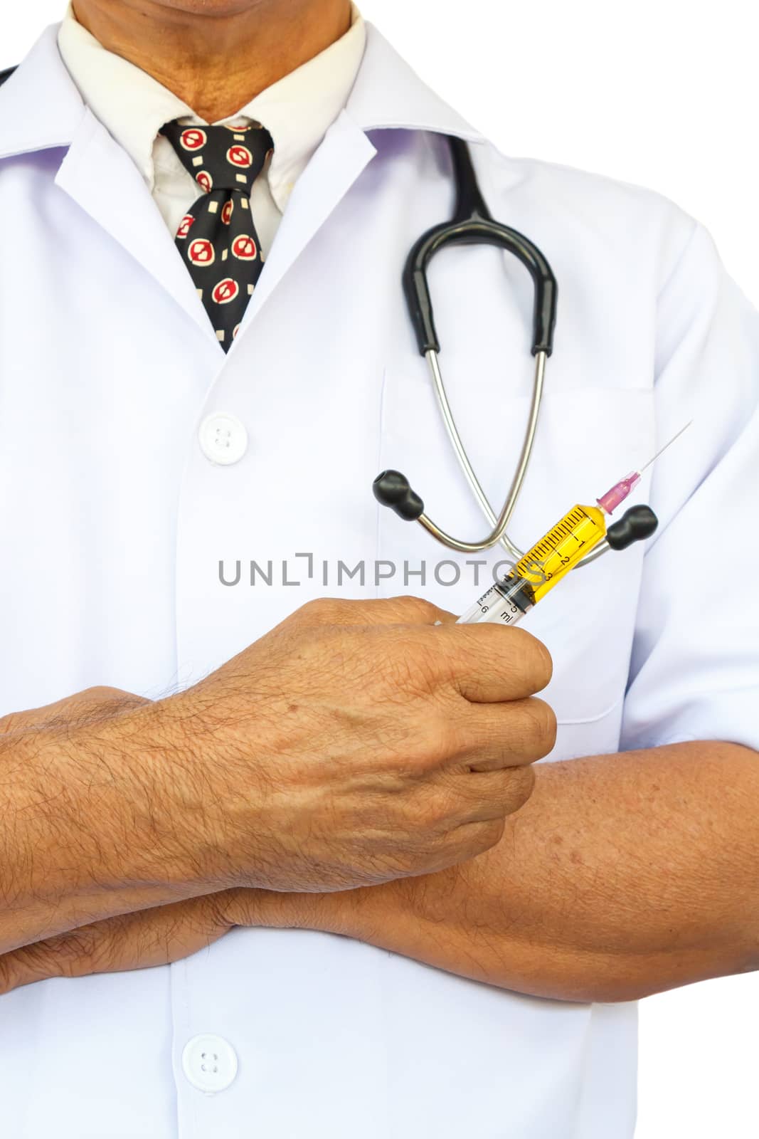 asian doctor is holding syringe on white background