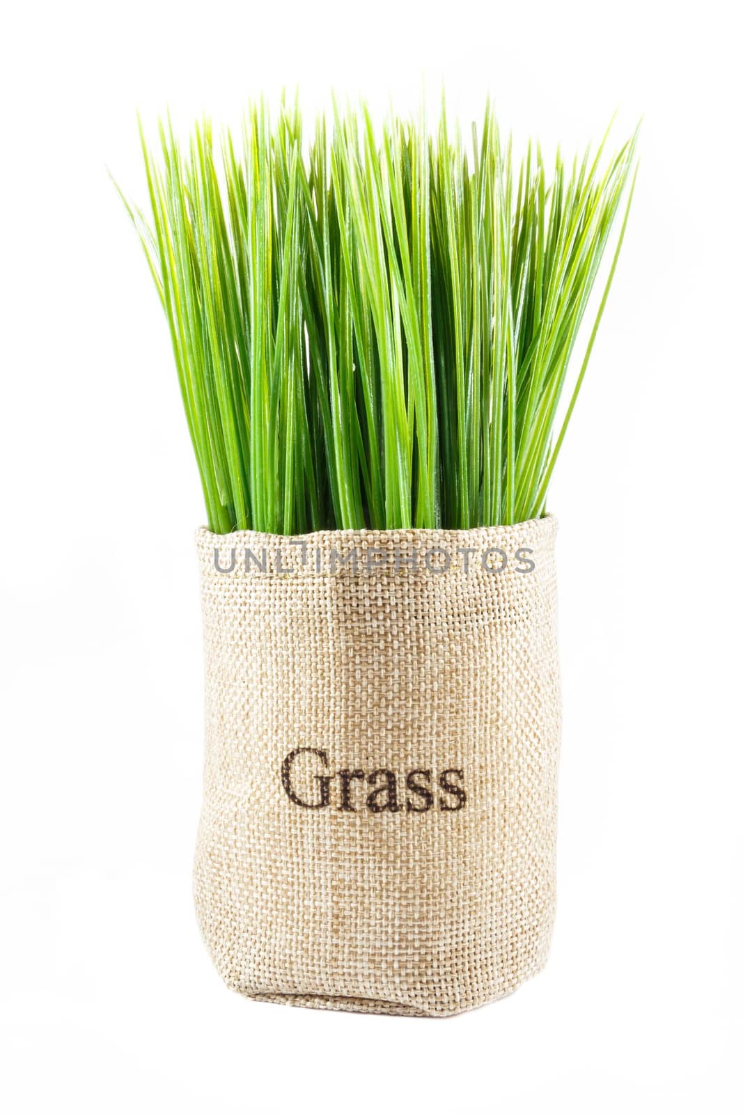 artificial grass in sack on white background (isolated)