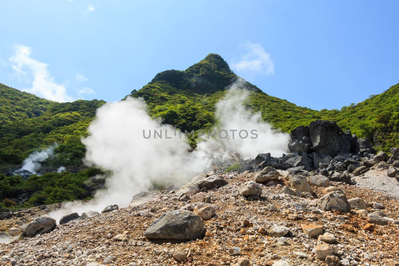 Owakudani valley ( volcanic valley with active sulphur and hot springs in Hakone, Kanagawa , Japan)