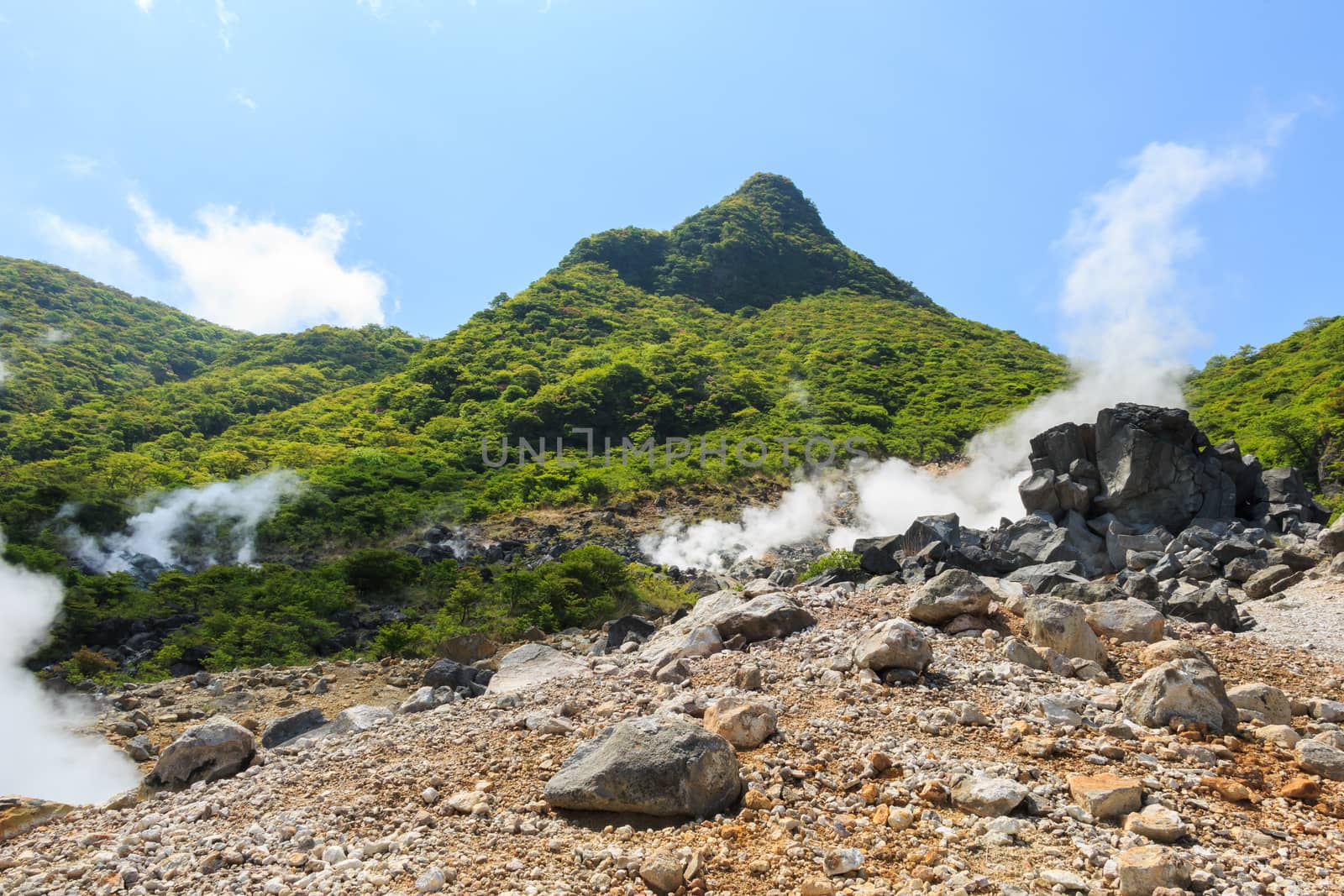 Owakudani valley ( volcanic valley with active sulphur and hot springs in Hakone, Kanagawa , Japan)