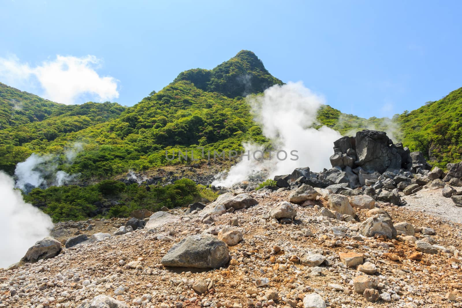 Owakudani valley ( volcanic valley with active sulphur and hot s by stockdevil