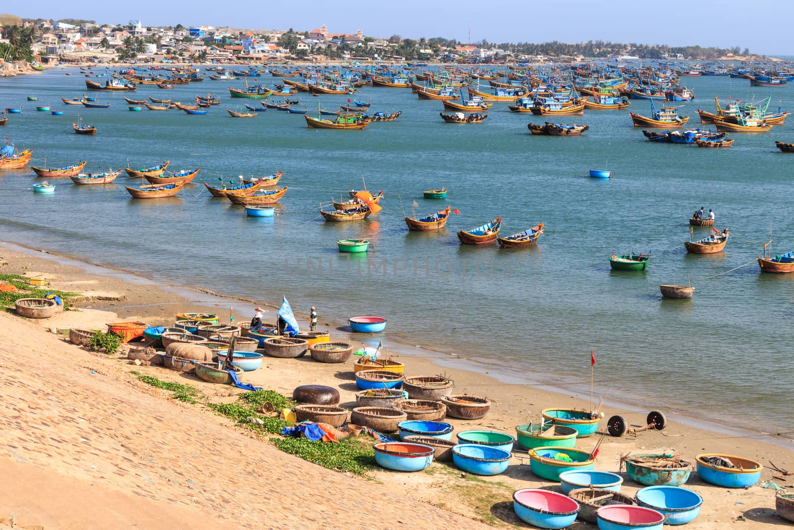 fisherman's village on beach with abundantly traditional boat of Vietnamese ,Vietnam