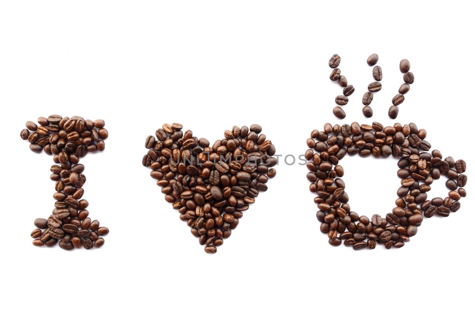 I love coffee (coffee beans in shape of massage) on white background (isolated)