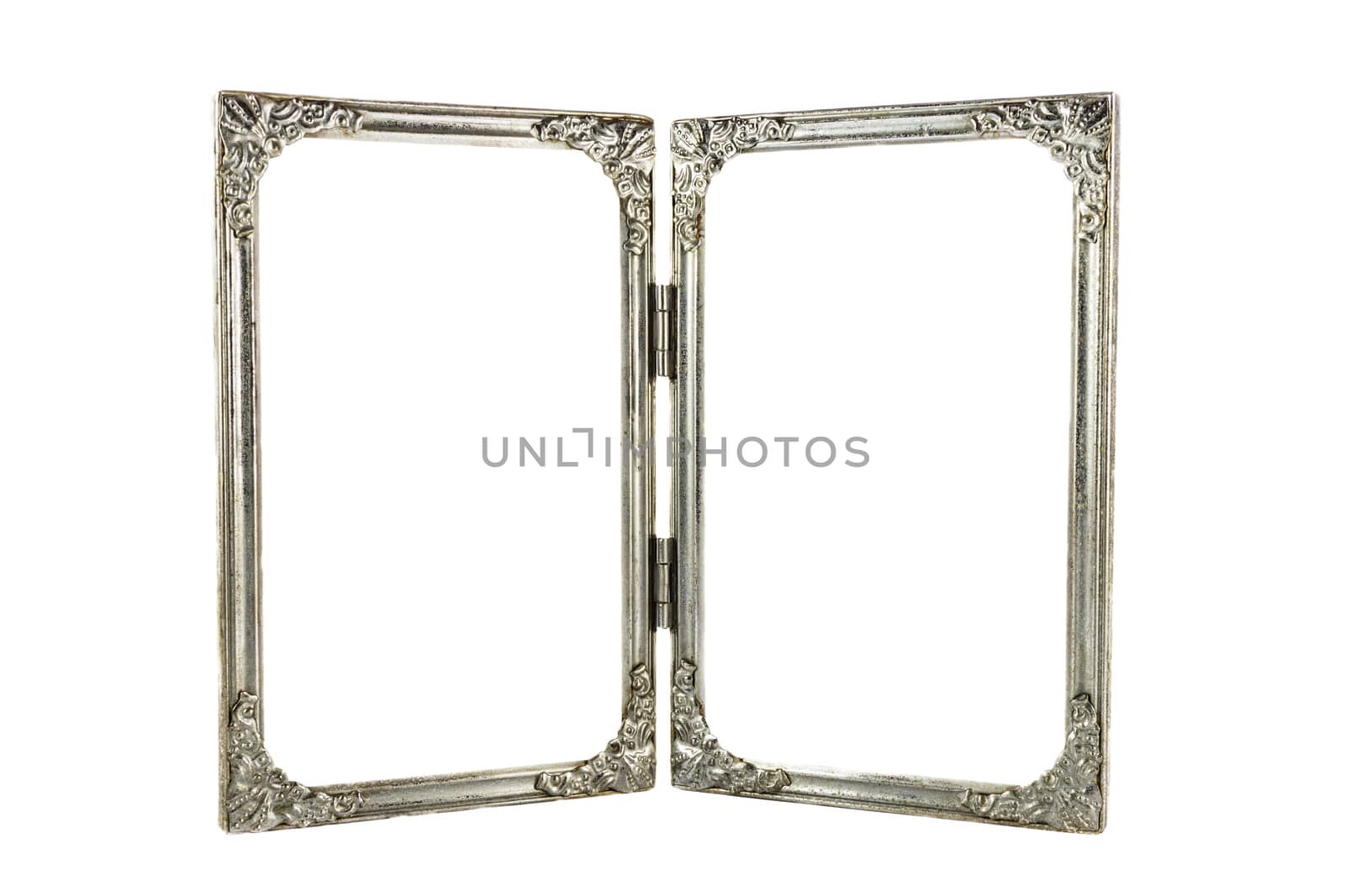 old twin aluminium frames with hinge on white background