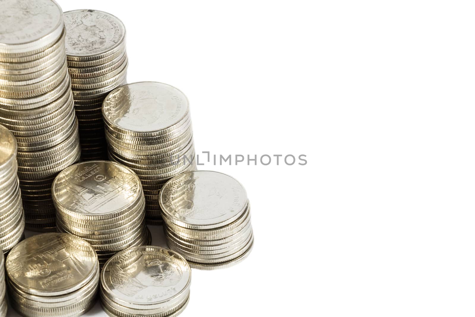 group of thai coins on white background(isolated) and blank area at right side