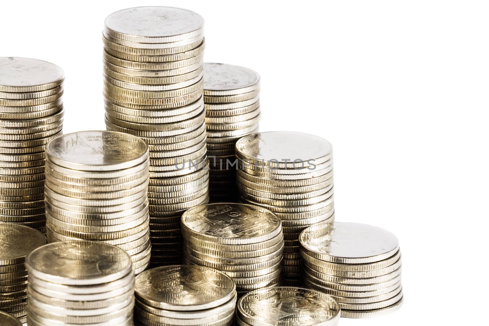 group of thai coins on white background(isolated) and blank area at right side