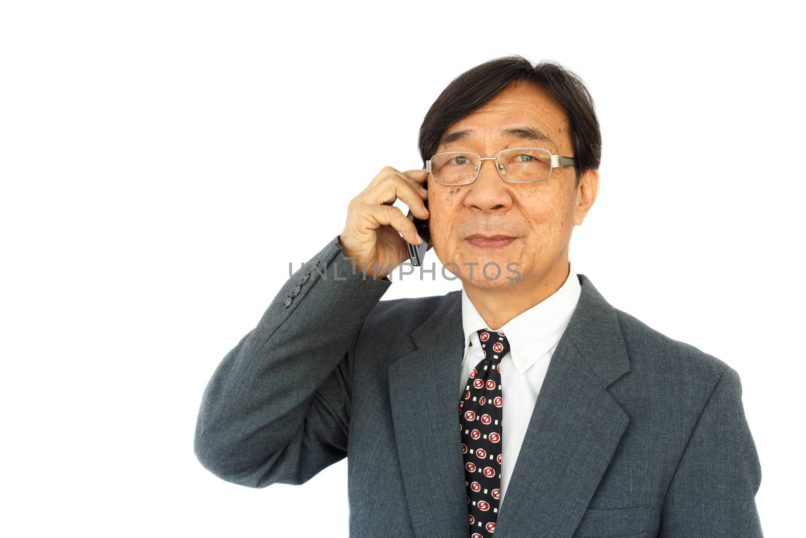 old aged thai businessman is calling and blank area at left side