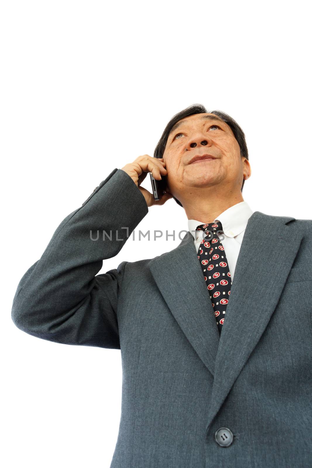 thai businessman is calling and thinking to something (Blank area at upper side for fill something) on white background
