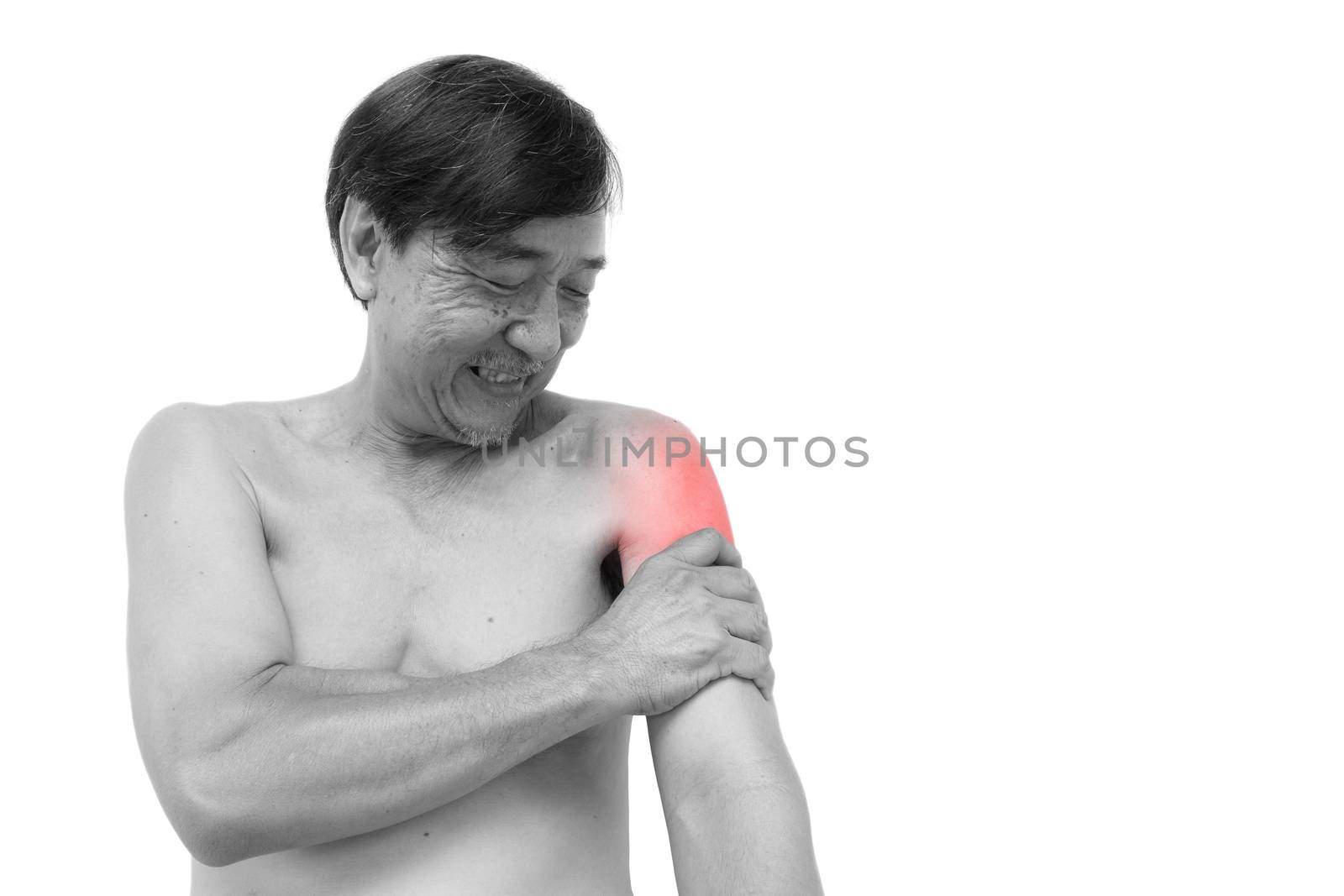"Muscle strain" Old aged thai man grasp his arm. And blank area by stockdevil