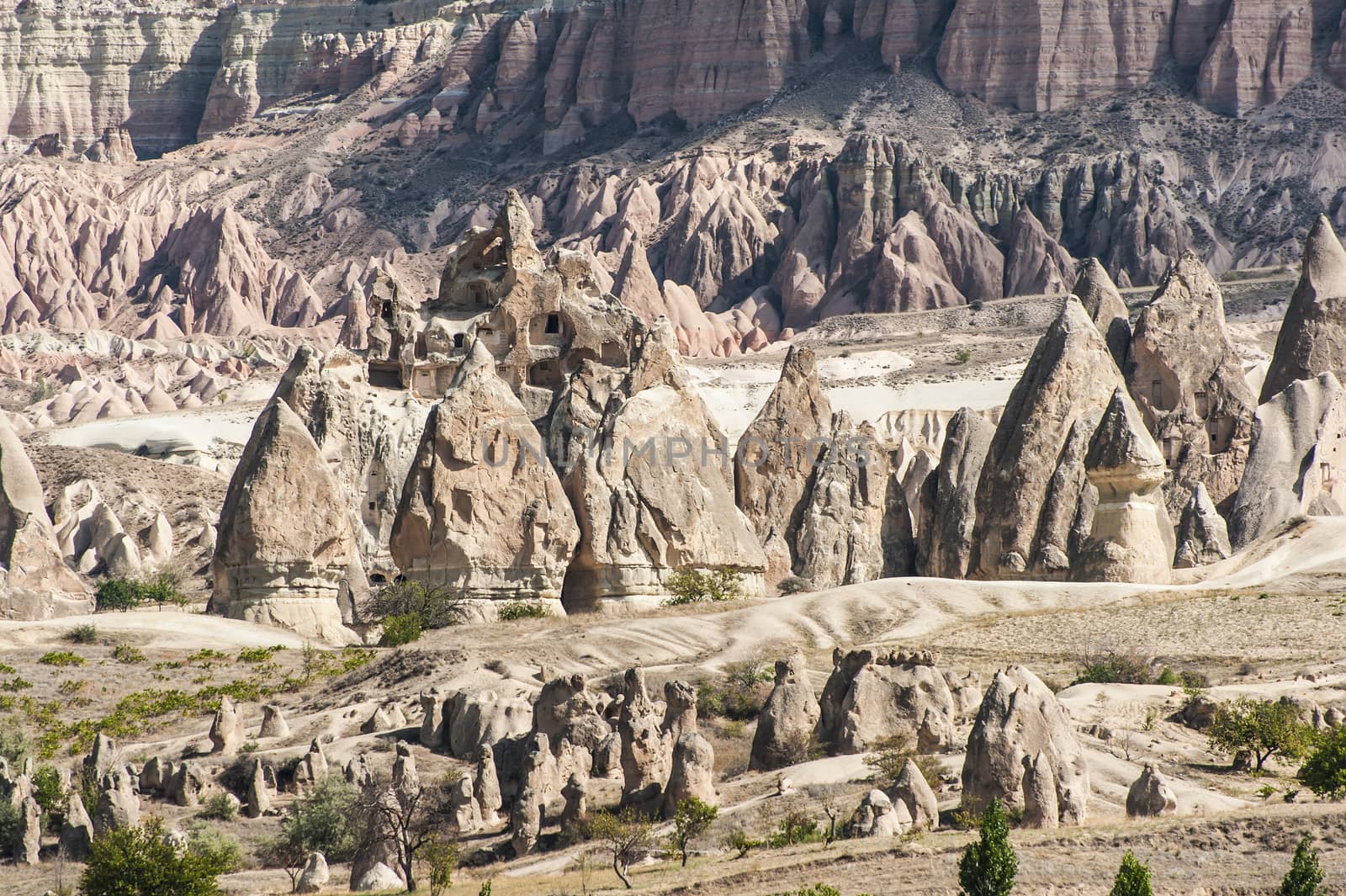 Spectacular teeth-like rock formation and old christian caves near Goreme, Cappadocia, Turkey