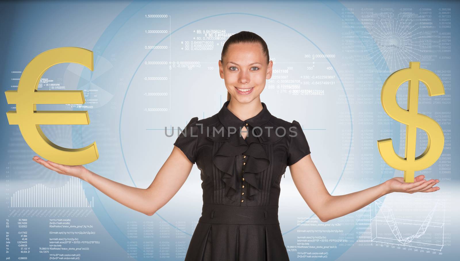 Businesswoman smiling and holding gold dollar with euro signs. Hi-tech graphs as backdrop. Business concept