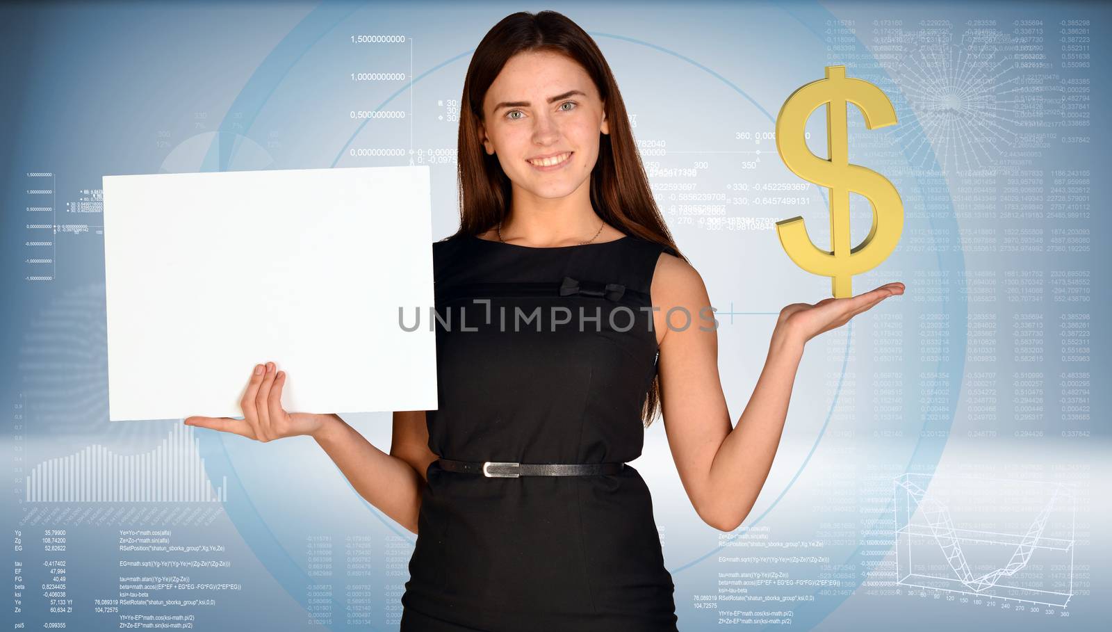 Businesswoman smiling and holding gold dollar symbol and blank paper sheet. Hi-tech graphs as backdrop. Business concept