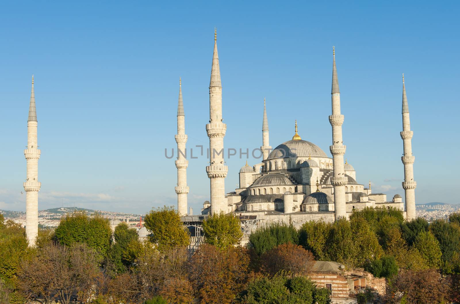 Blue Mosque lit by a evening sun, Istanbul, Turkey