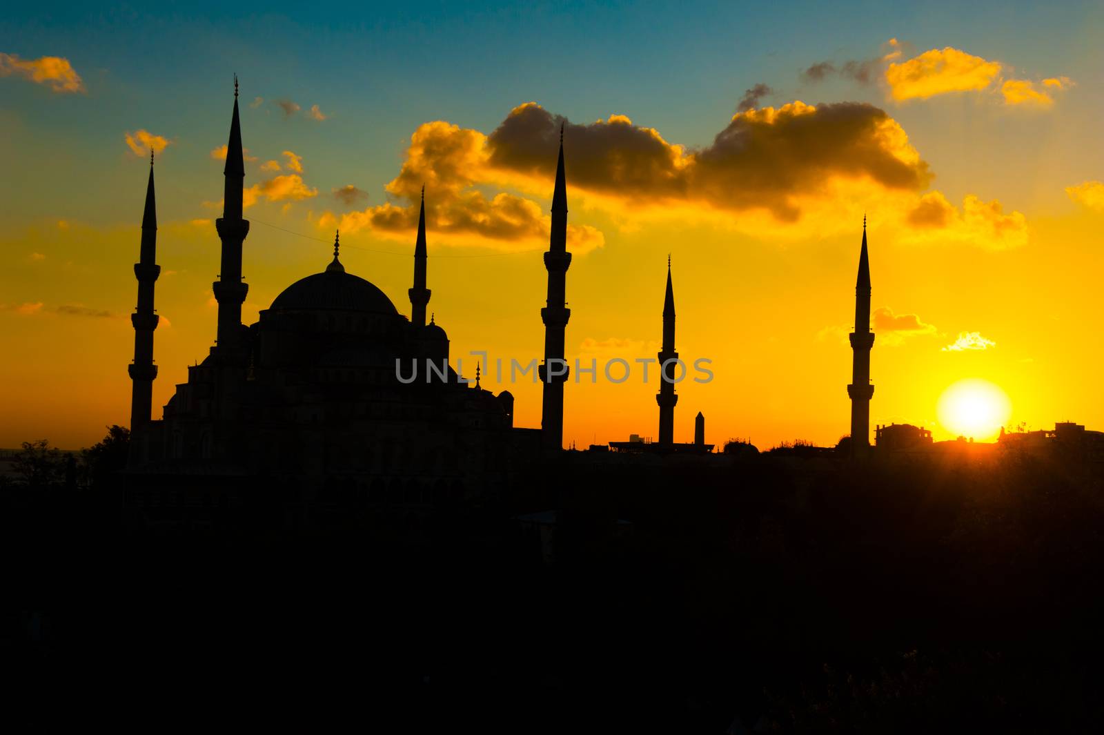 Blue Mosque silhouette at beautiful sunset, Istanbul, Turkey. 