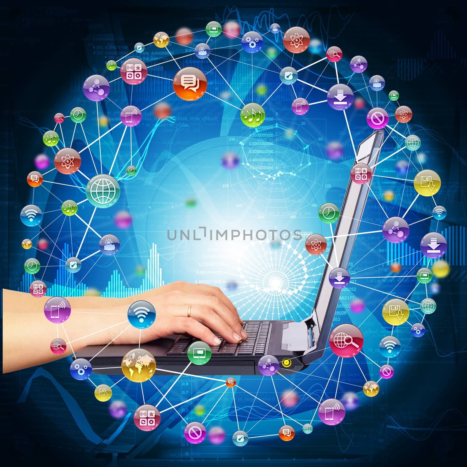 Female hands using  laptop, side view, in sphere, composed of icons, connected by lines. Graphs, figures and words as backdrop