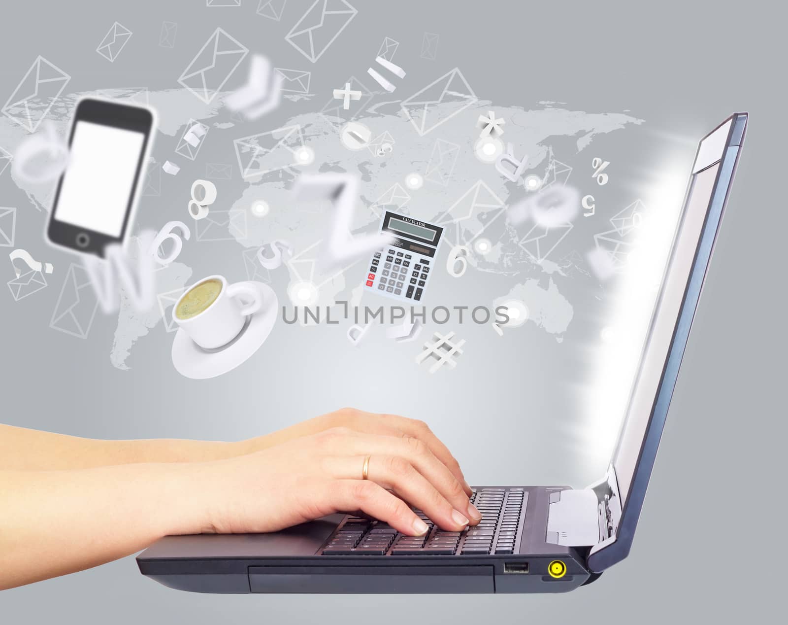 Female hands using laptop, side view. Smartphone, calculator and cup of coffee above, with envelope icons and random figures and symbols emanated by screen, on gray background with world map