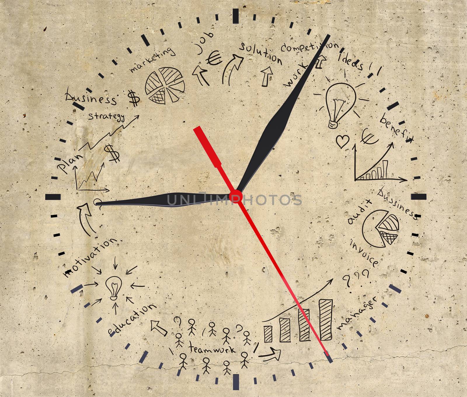 Business strategy infographics option drawn around clock dial, on smooth stone surface, top view