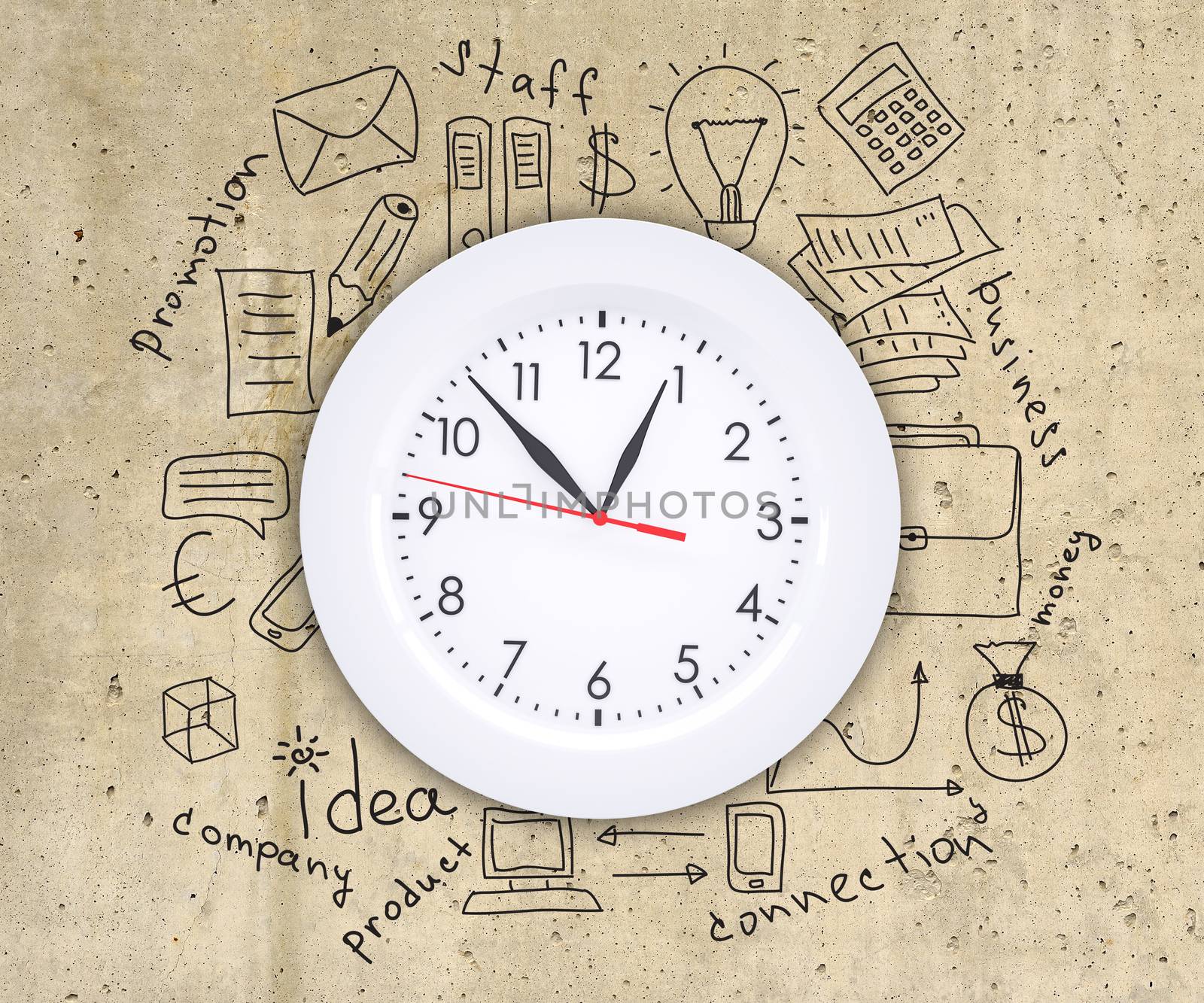 Business concept drawing around wall clock by cherezoff