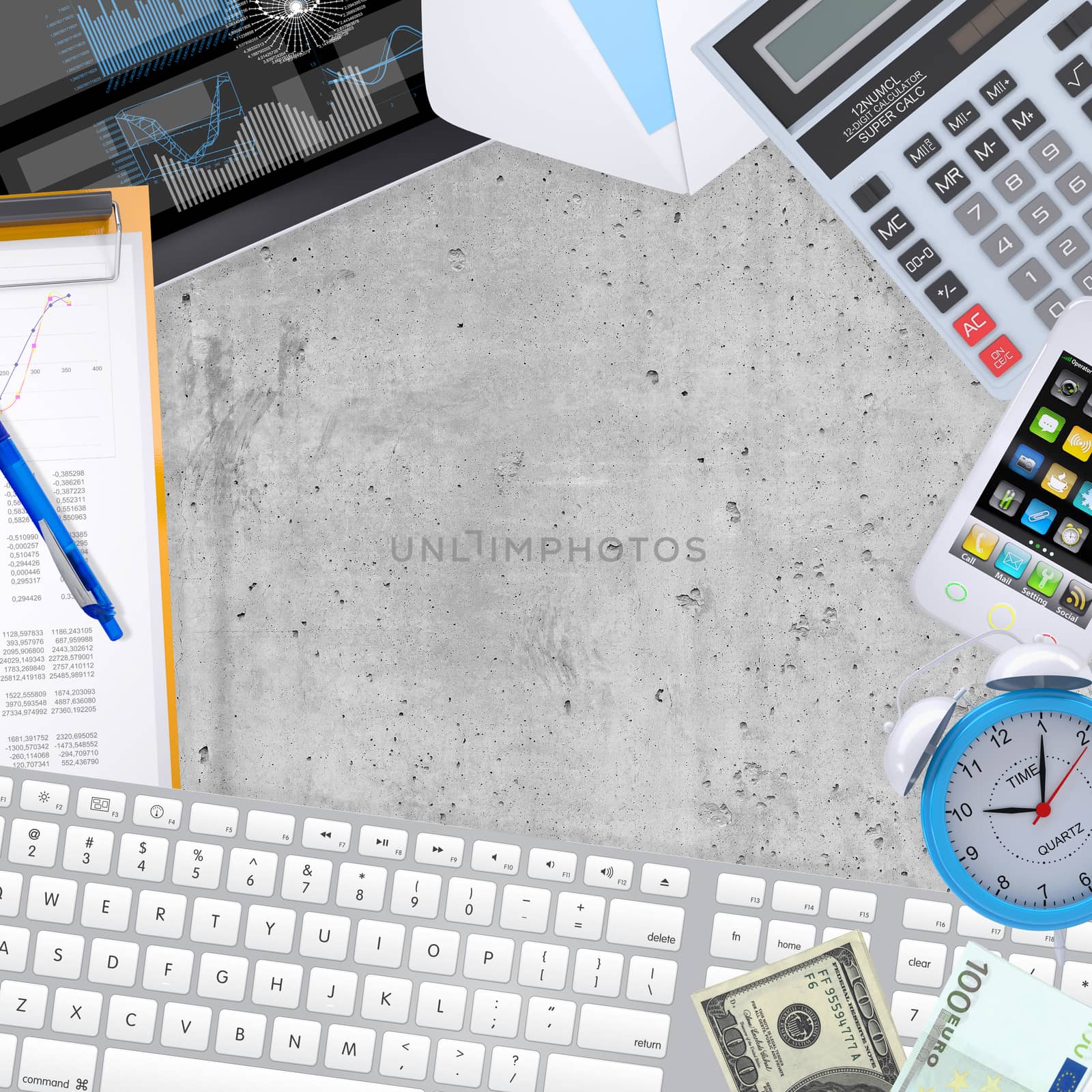 Set of office and business work elements on smooth stone surface, empty space in the middle, top view