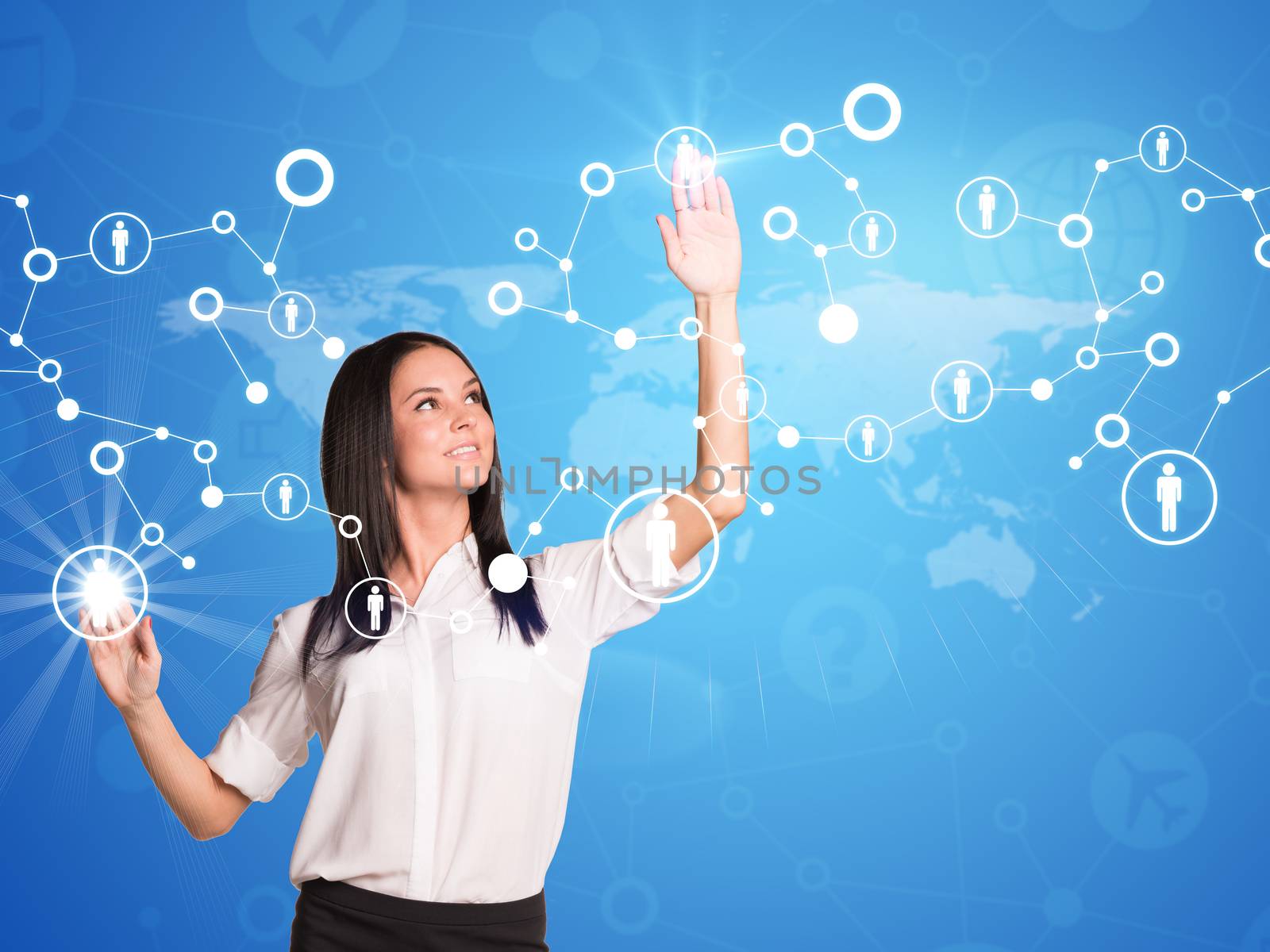 Businesswoman touches virtual network with people icons. Light blue background with world map and faint icons