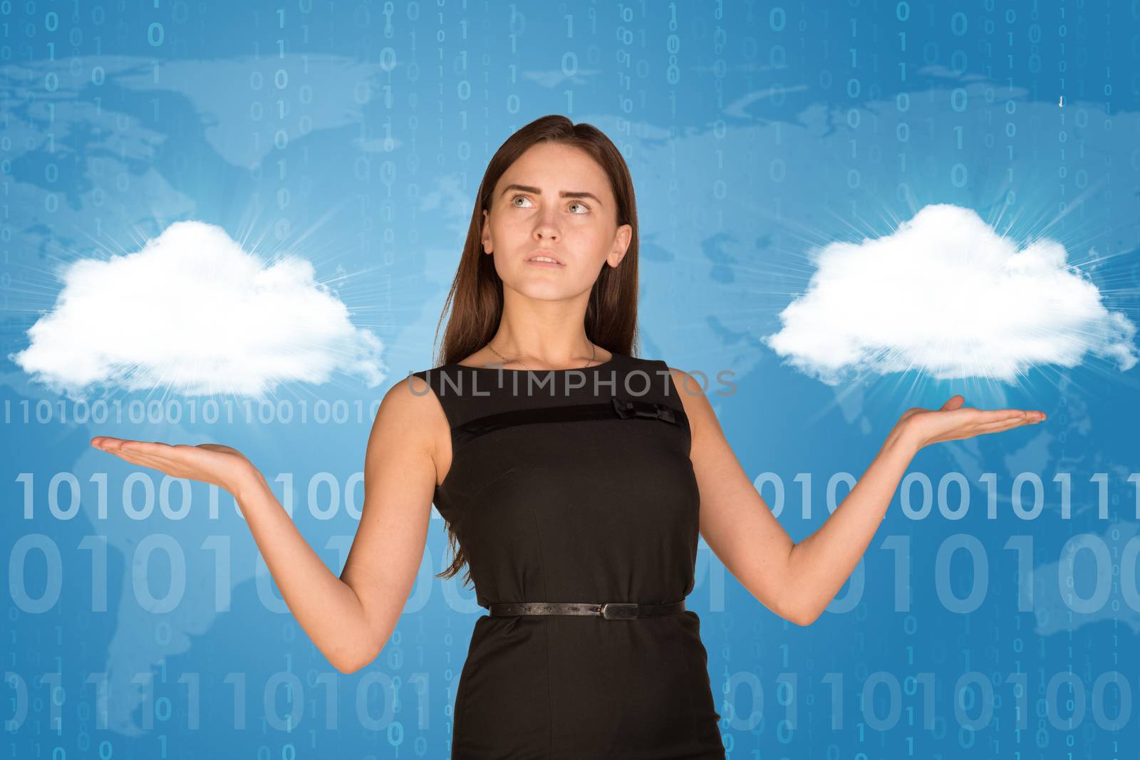 Businesswoman holding two white clouds, as if chosing by cherezoff