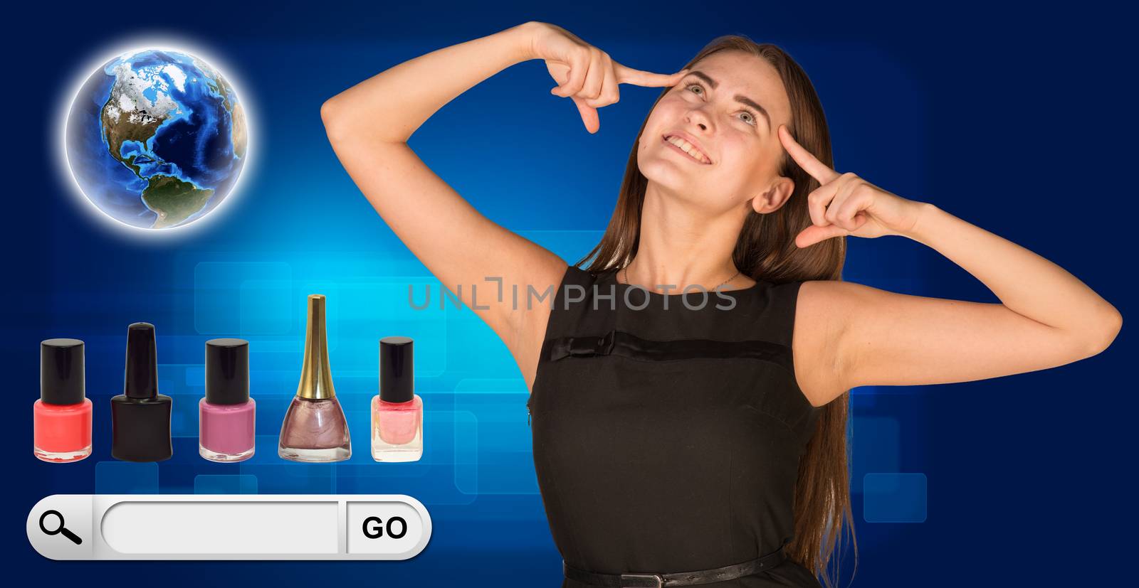 Beautiful woman facing choice. bottles of nail polish, Globe and search bar with Go button beside. On blue background. Element of this image furnished by NASA 