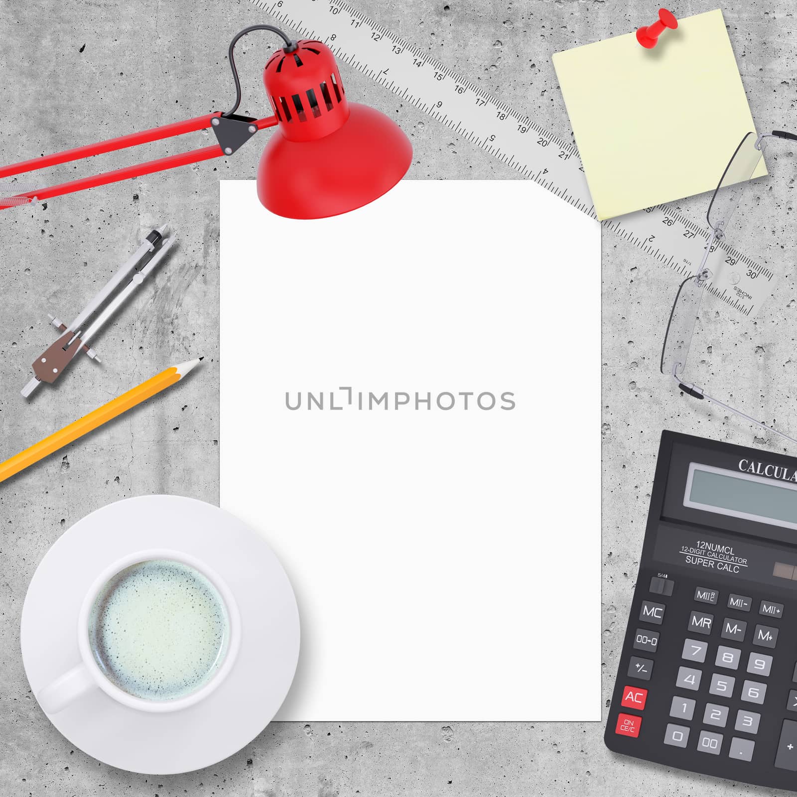 Office and business work elements, on smooth stone surface, blank paper in the middle, top view