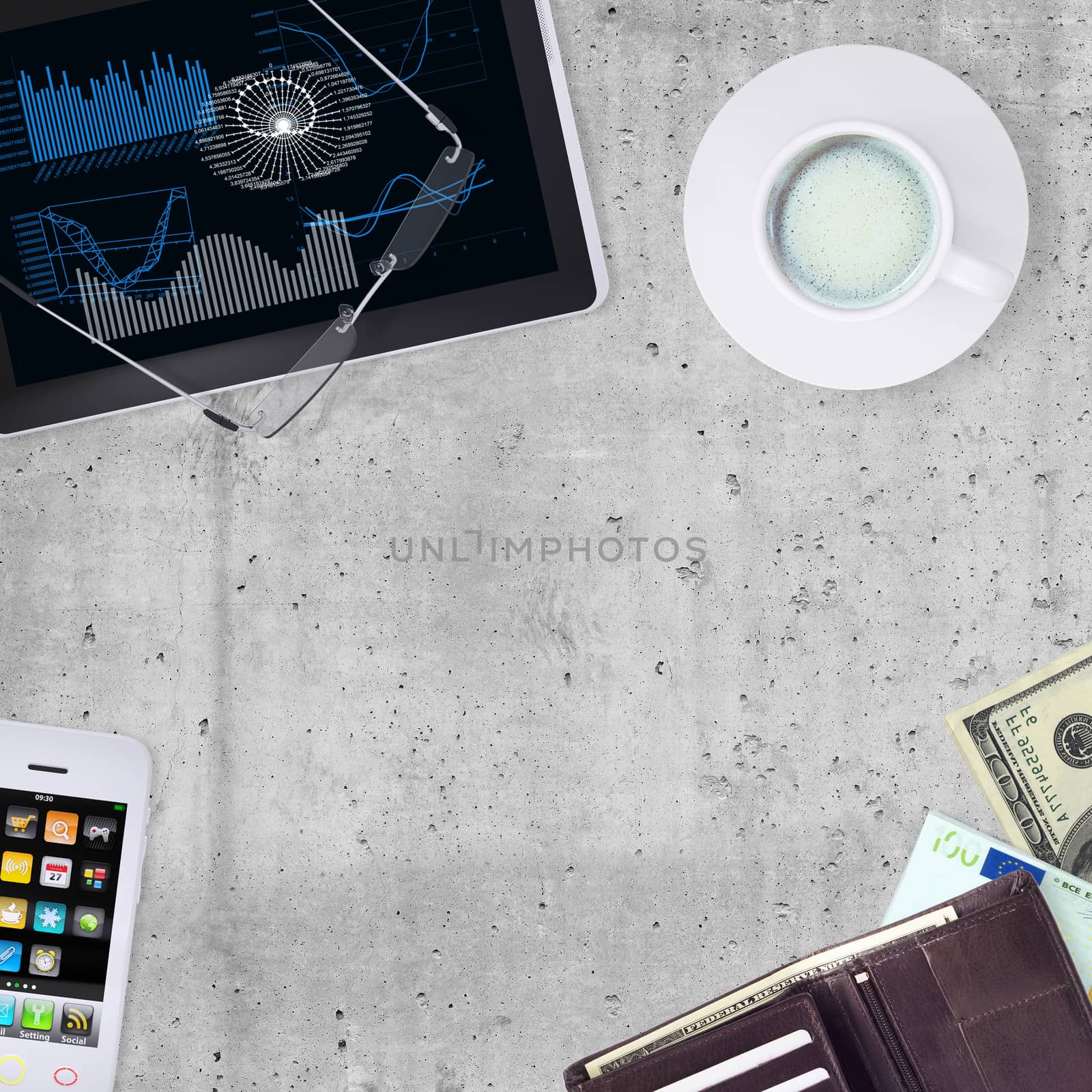 Tablet PC, smartphone, cup of coffee and wallet, on smooth stone surface, empty space in the middle, top view