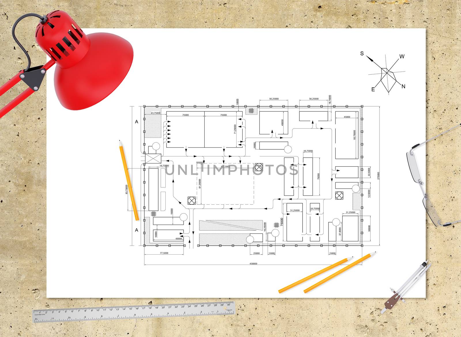 Technical plan of building on workplace. Table-lamp, ruler, pencils compasses and eyeglasses around. Top view, on smooth stone surface