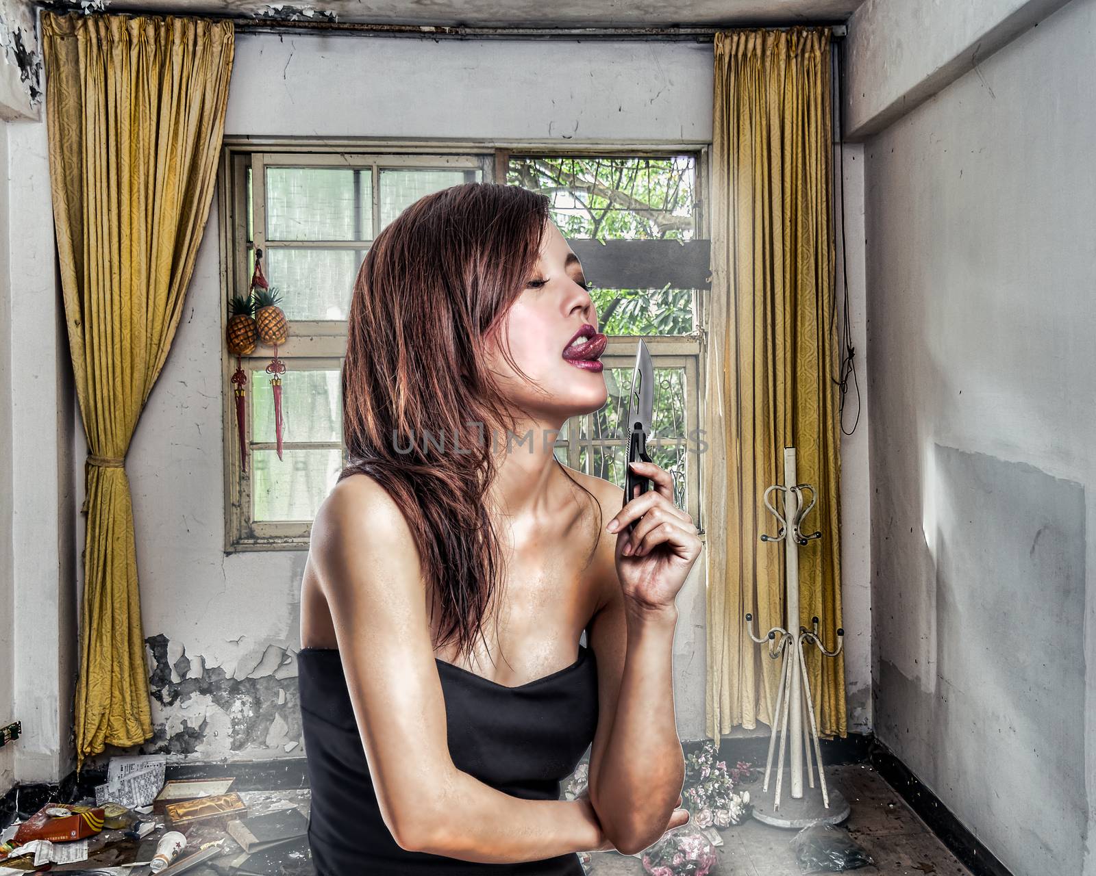 Chinese woman in abandoned aprtment about to lick a knife by imagesbykenny